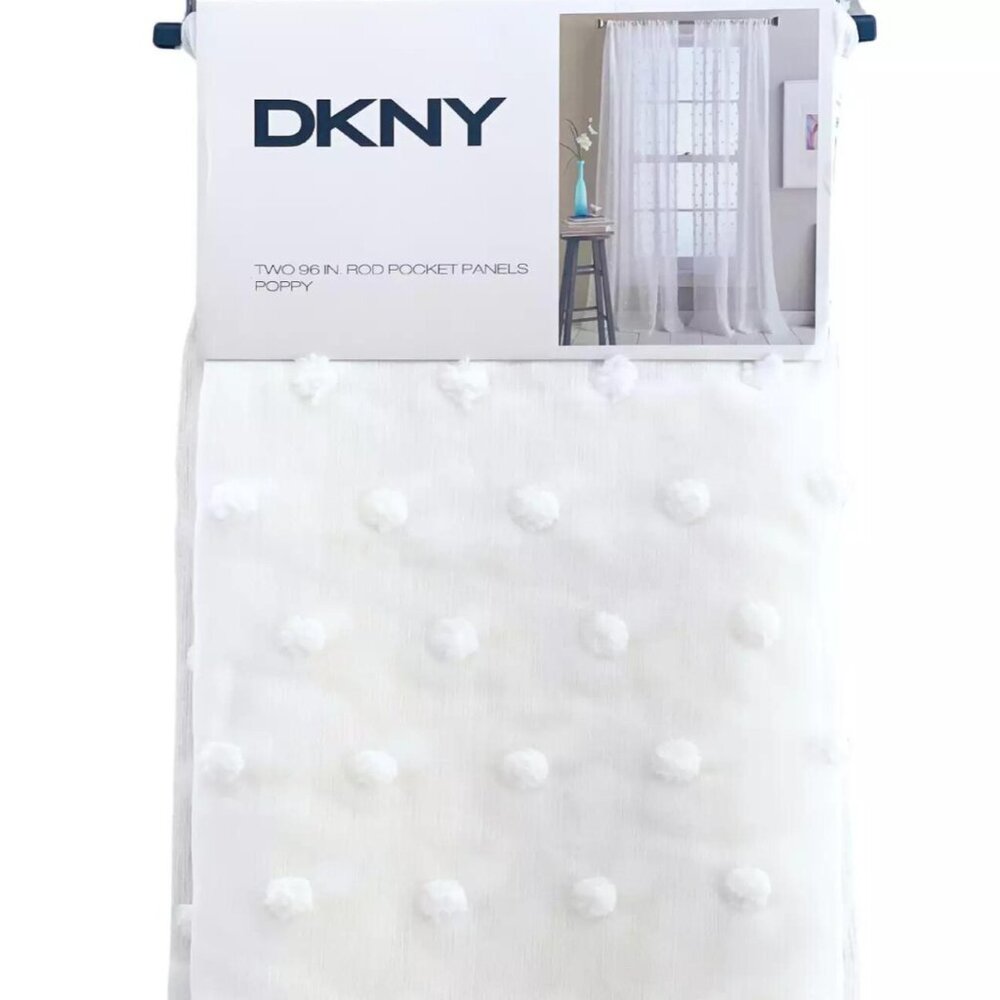 DKNY POPPY 50 x 96" White Dot Rod Pocket Sheer Window Curtains Panels Drapes NEW